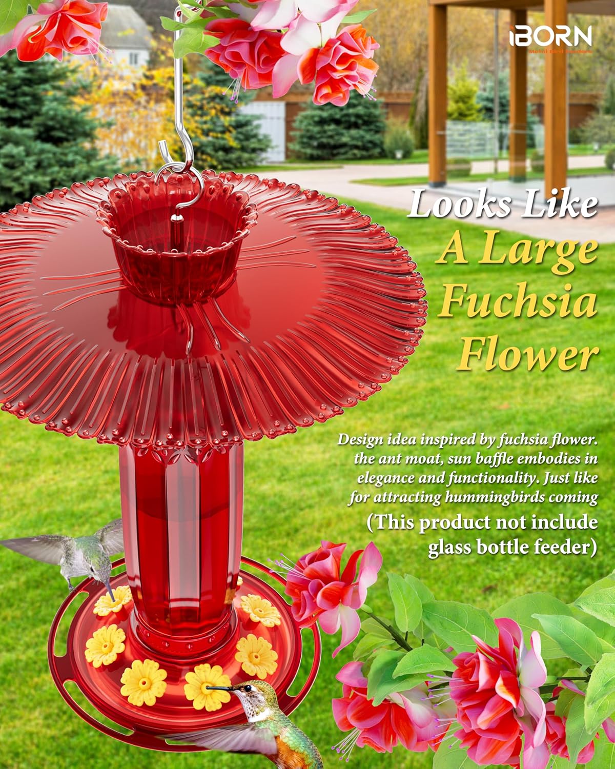 iBorn Hummingbird Feeders Sun Baffle,Ant Proof Moat Shade Cover Combo,for Hanging Bird Feeder for Outdoors Rain Guard,Red, 10.6inch