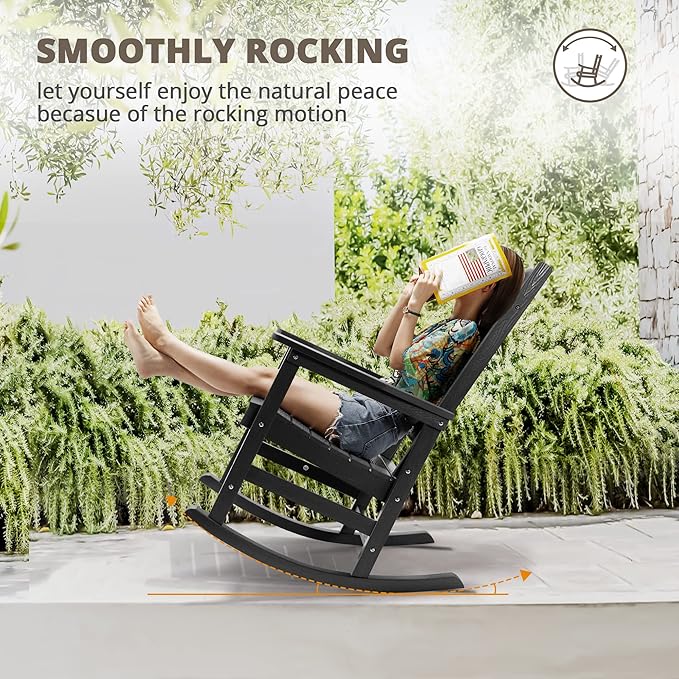 LUE BONA Outdoor Rocking Chairs Set, 3-Piece, HDPS Poly Porch Rockers with Table, Plastic Weather Resistant Rocking Chair Set for Outdoor Indoor, Garden, Backyard, 350lb, Gray Chairs+Table