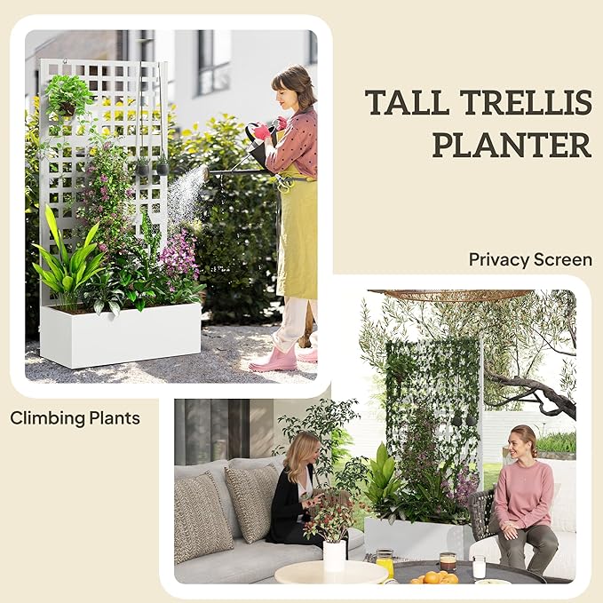Outsunny Galvanized Raised Garden Bed with Trellis, Metal Planter Box with Drainage Holes, Outdoor Privacy Screen for Climbing Plants, Vegetable, Vines, 35" x 16" x 70", White