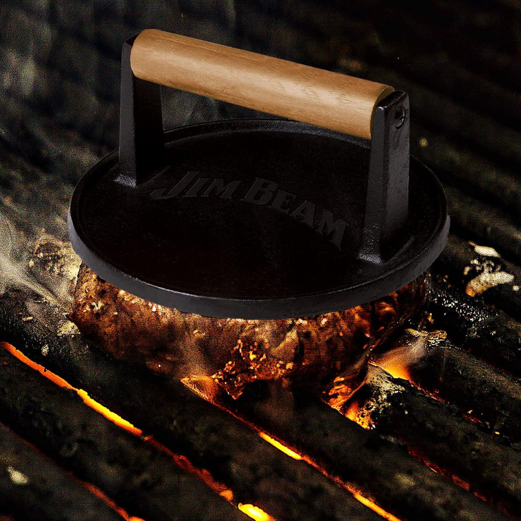 Jim Beam JB0158 Black Cast Iron Burger Press - 7'' Heavy Duty Burger Press with Solid Wood Handle