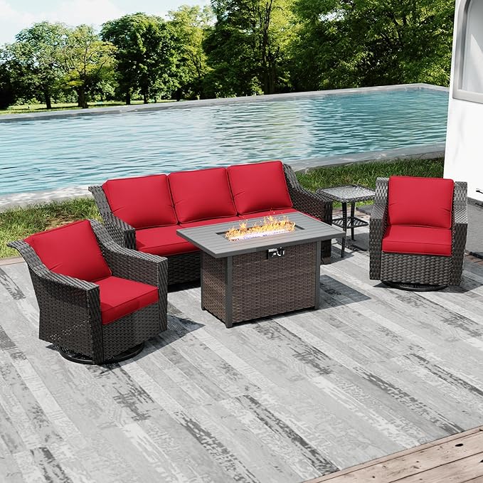 Joyside Wicker Patio Furniture Sets, 4 Pieces Upgraded Large Size Outdoor Furniture with Patio Dining Chair, 3-Seat Sofa, Fire Table,Thick Cushions, Wide Armrest, Red