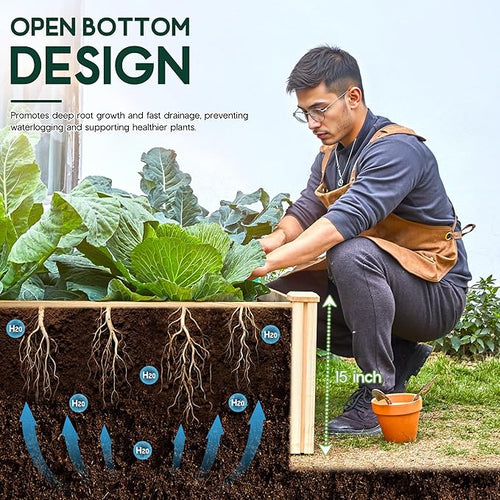 AMERLIFE 8x4 Ft Wood Raised Garden Bed, Durable 15 Inch Depth Planter Box for Vegetables, Herbs, and Flowers, Ideal for Outdoor Gardening with Open Base