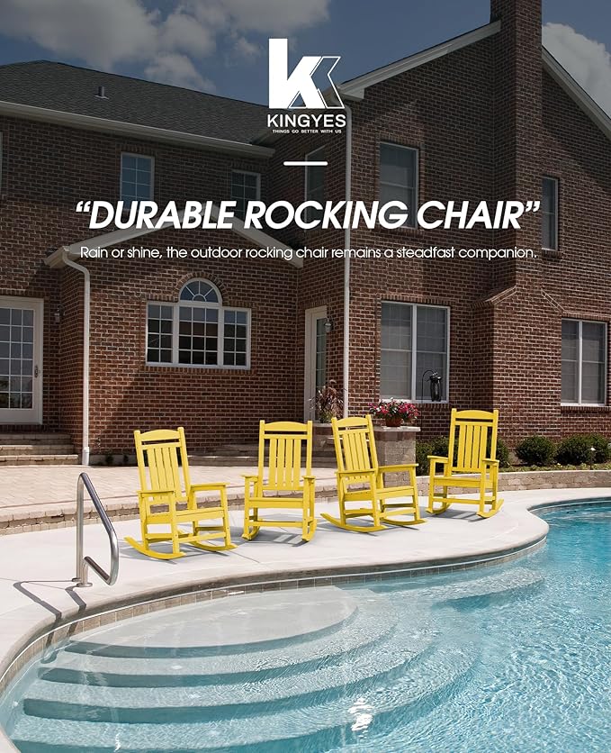 KINGYES HDPE Rocking Chairs Outdoor, Patio Rocking Chairs with 330lbs Support, Smooth Porch Rocker for Deck Lawn Yard, Yellow
