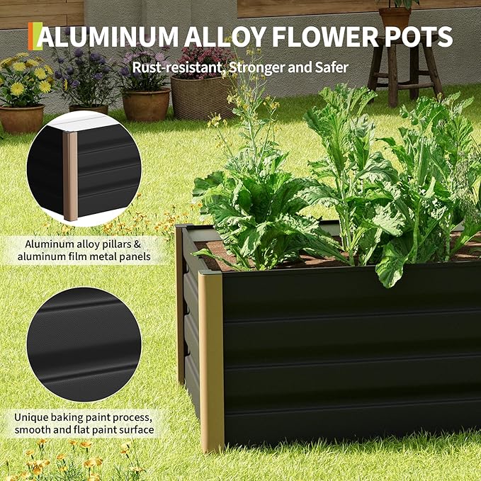 Garvee Aluminum Raised Garden Bed 4' x 2' x 16", Open-Bottom Deep Design with Rounded Safety Corners & Anti-Cut Trim, Large Outdoor Planter Box Kit, Gray