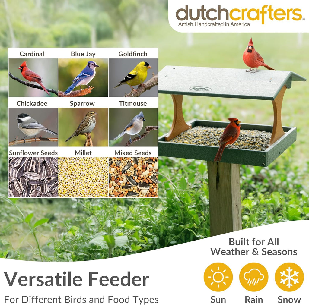 DutchCrafters Amish USA Made Poly Extra Large Fly Through Bird Feeder Post Mount for 4" x 4", Covered Bird Feeder Open Platform Seed Tray for Outdoor, Outside, Garden, Yard (Turf Green & Cedar)