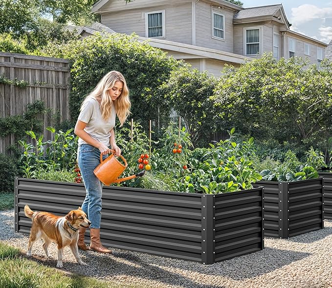 YITAHOME 6x3x2 ft 4pcs Galvanized Raised Garden Bed Kit, Large Metal Planter Box with Gloves & Support Rod, Outdoor Flower Bed for Plants Vegetables, Black