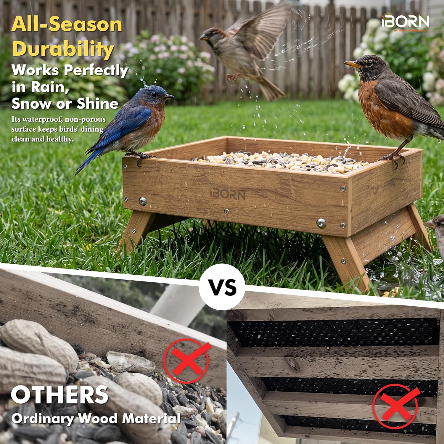 iBorn Ground Bird Feeder, Bird & Squirrel Platform Feeder for Outdoors, WPC Recycled Plastic, 3LB Large Capacity, Raw