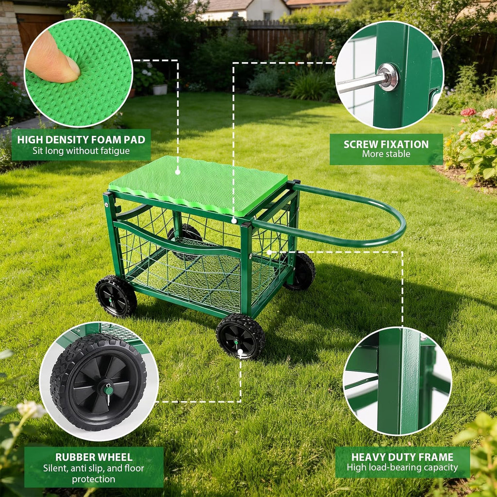 garden work chair with wheels, heavy-duty gardening cart, close-up detail