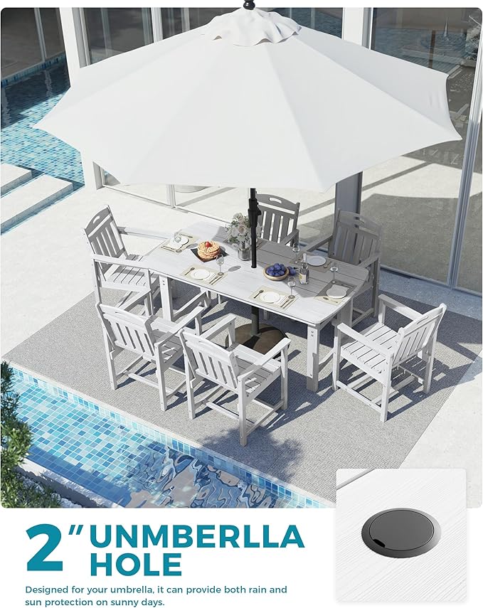 Ciokea HDPE Outdoor Dining Set, 7-Piece Patio Table and Chairs Set with Umbrella Hole, All-Weather Patio Dining Sets for 6, Durable Patio Furniture for Backyard, Garden, Lawn & Poolside, White