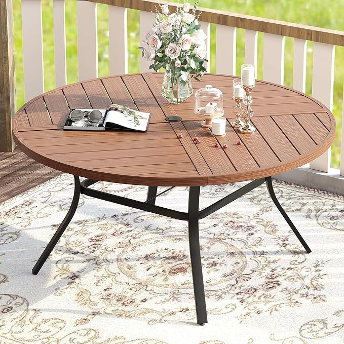 VICLLAX Round Patio Table with Adjustable Umbrella Hole for 8, All Weather Metal Outdoor Dining Table for Lawn Garden, 59.8" Outdoor Coffee Table, Walnut Wood-Like Tabletop