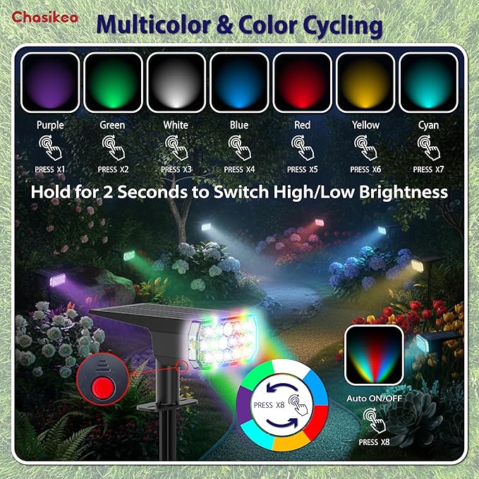 Solar Lights Outdoor Waterproof, LED Solar Spot Lights Outdoor, 7 Color Changing Solar Spotlights, Multicolor RGB Dusk-to-Dawn Uplights for Garden Landscape, Yard, IP65, Auto On/Off