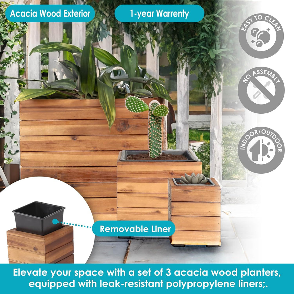 sunnydaze acacia wooden planter boxes with liners shown in use