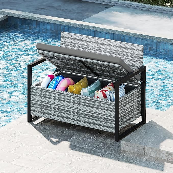 Tangkula 40 Gallon Outdoor Bench with Storage, Patio Wicker Storage Bench with Cushion, Cover, Metal Frame, Deck Box Seat for Backyard, Poolside, Balcony, Garden