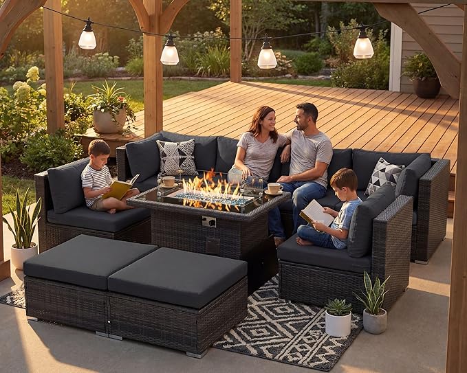 NICESOUL 8 Seater Outdoor Patio Furniture Sectional Sets with Firepits Table Natural Gas Propane, 29.3'' High Back Comfy Wicker Conversation, 9 Piece Deep Wide Modern Modular Sofa for Backyard, Grey