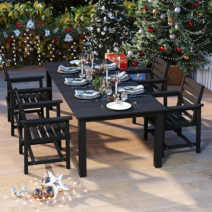 5-Piece Black Outdoor Dining Set for 4, 75.2'' HDPE Table with Umbrella Hole & Chairs, Weather-Resistant Patio Furniture for Garden, Lawn, or Poolside