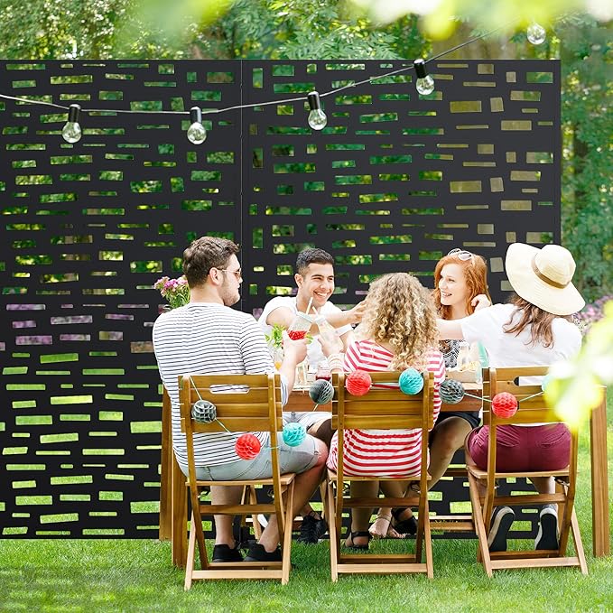 Casaphoria Metal Privacy Screen Outdoor, 72" H x 47" W Freestanding Decorative Privacy Screen for Patio Deck Balcony Garden with Stable Base, Black-Gerald