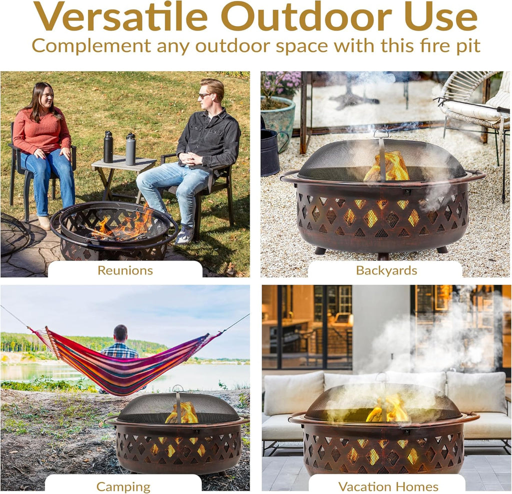 sunnydaze crossweave 36" large outdoor fire pit, wood, package contents