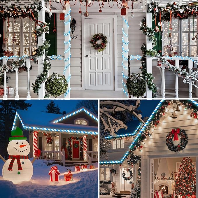 Jnaurb Christmas Candy Cane Lights, 66ft 480 LED Connectable Flexible White & Blue Candy Cane Rope Lights for Outside, 8 Modes Waterproof LED Christmas Light for Garden Patio Tree Holiday Party Decor