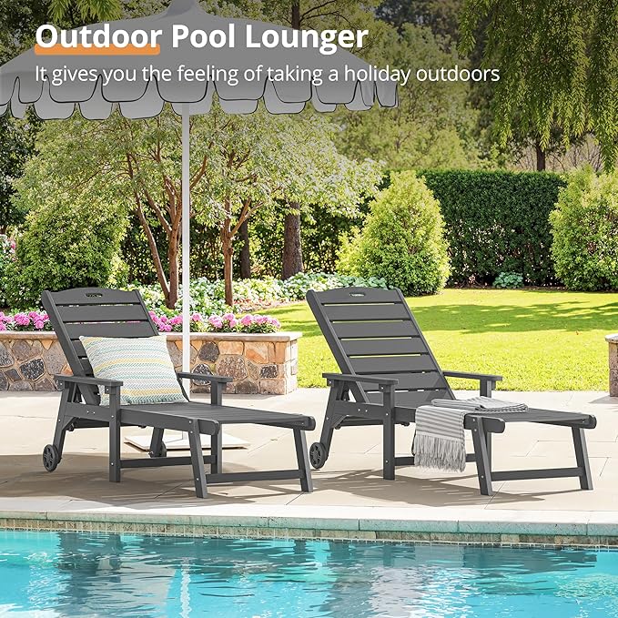 LUE BONA Chaise Lounge Chair with Table, 6-Piece, HDPS Chaise Lounger, 5 Positions Adjustable Lounge Chairs, Pool Lounge Chair with Wheels for Poolside, Backyard, Dark Gray