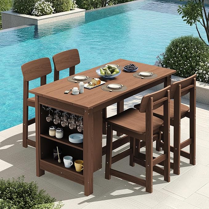 SERWALL Outdoor Bar Table and Chairs Set, 5-Piece HDPE Counter Height Patio Dining Sets with Storage and Wine Rack, Rectangular High Top Bar Table with 4 Bar Stools for Garden, Backyard, Brown