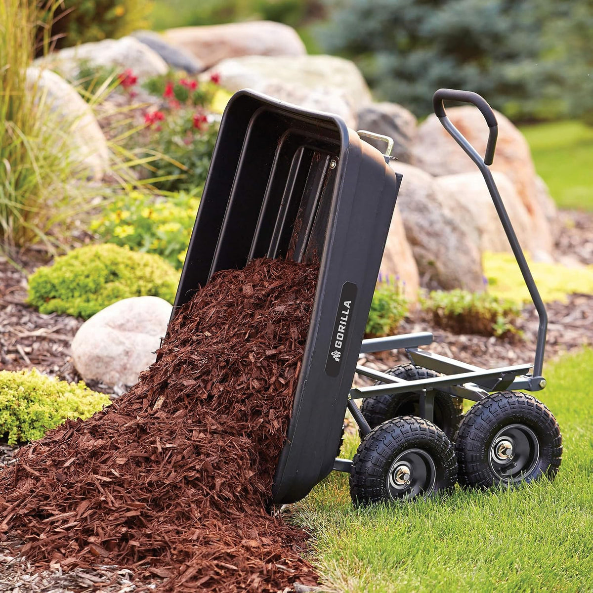 gorilla carts poly dump cart, 600 lb. capacity, front angle view