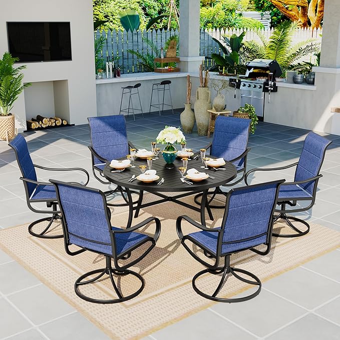 Sophia & William 7 Pieces Outdoor Patio Dining Set, 6 x Swivel Patio Dining Chairs and 54" Large Round Metal Dining Table, Outdoor Table and Chair Furniture Dining Set Support 300lbs（Blue）