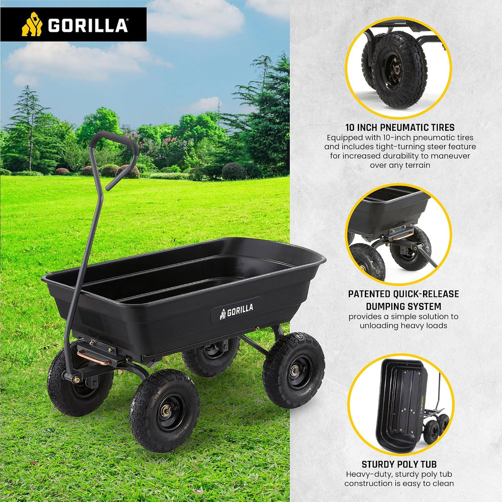 gorilla carts poly dump cart, 600 lb. capacity, close-up detail