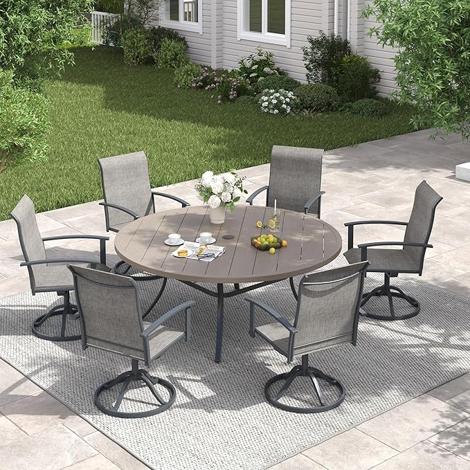 VICLLAX 50" Outdoor Round Patio Table with Umbrella Hole, All Weather Metal Round Outdoor Dining Table for Lawn Garden, 6-8 Person Table, Grey Wood Grain
