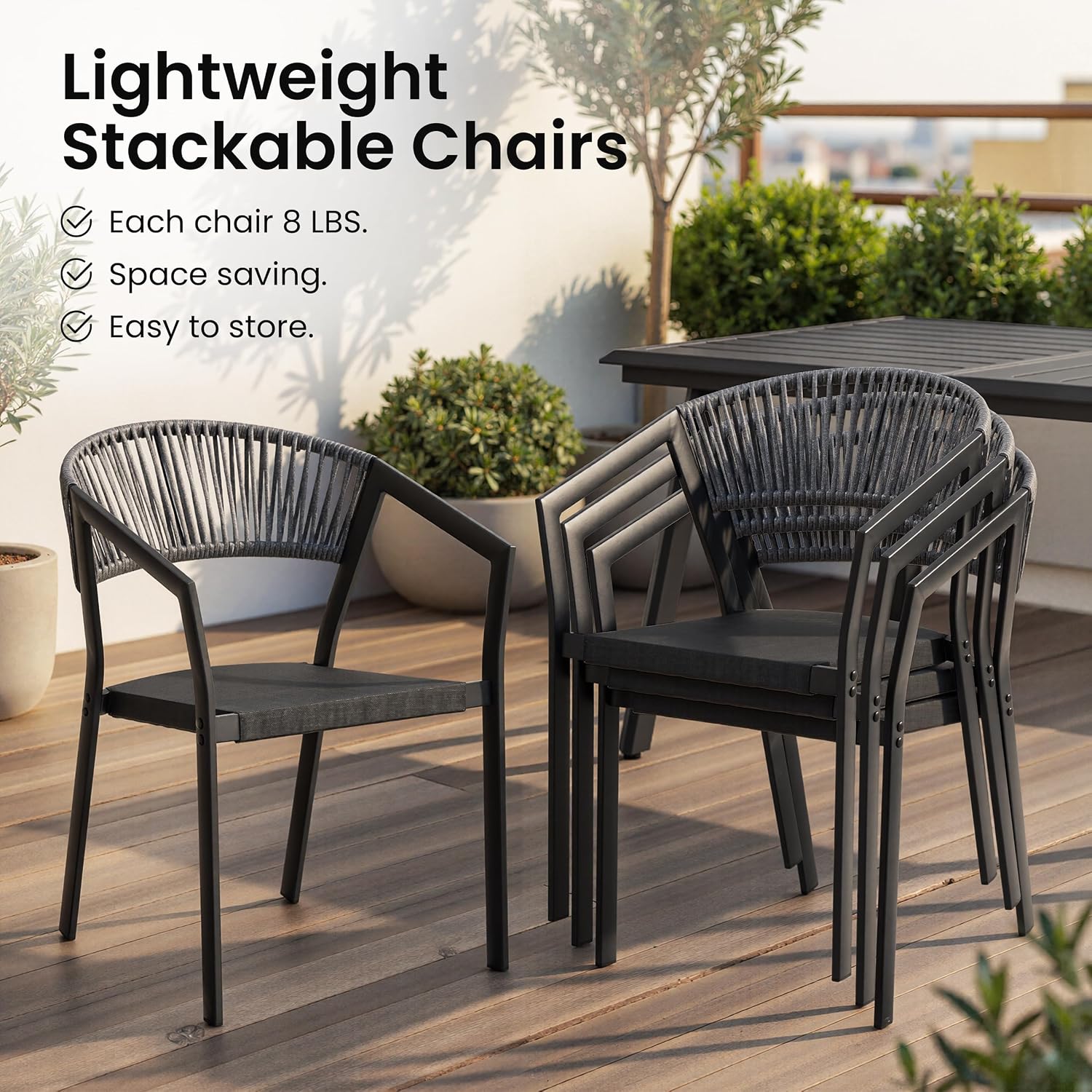 Patio Dining Chairs Set of 2 Aluminum Stackable Outdoor Chairs | Wicker Barrel Backrest Armchairs for Patio, Deck, Backyard, Grey