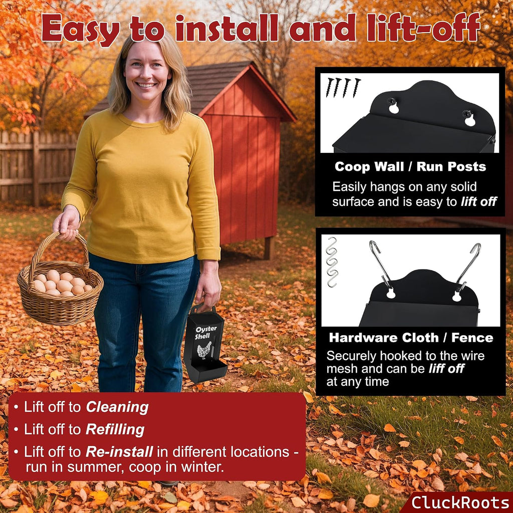 CluckRoots Chicken Grit and Oyster Shell Feeder Combo, No-Spill Metal | Lift-Off Heavy-Duty Dispenser w/ Rain Lid View Window, Small Flocks Capacity, Chicken Coop Accessories Gifts for Lovers