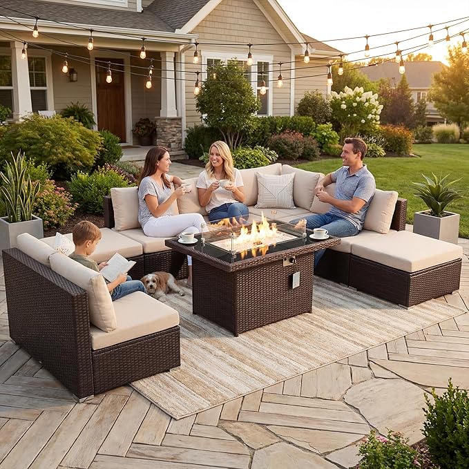 NICESOUL 10 Piece Patio Furniture Sectional Set with Fire Pit Propane/Natural Gas Convertible, 29.3'' High Back Deep Wide Outdoor Couch, 9 Seater Oversized High-End Wicker Conversation Sofas, Brown