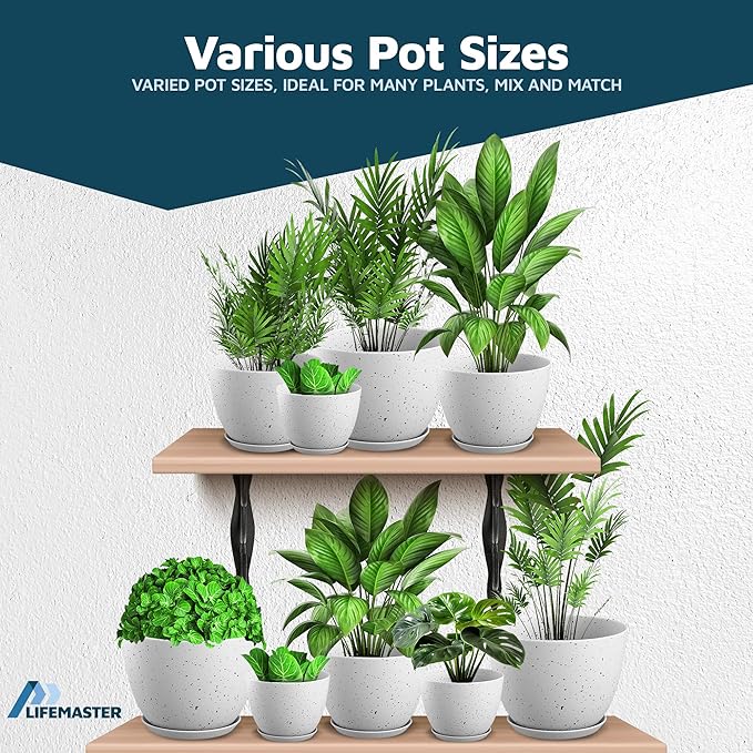 White Gray Plant Pots with Drainage Holes & Saucers 10 Pack, Indoor & Outdoor Stackable Space-Saving Planters for Houseplants & Flowers, (7", 6.7", 6", 5.3", and 4.8" Inches), Durable & Weatherproof