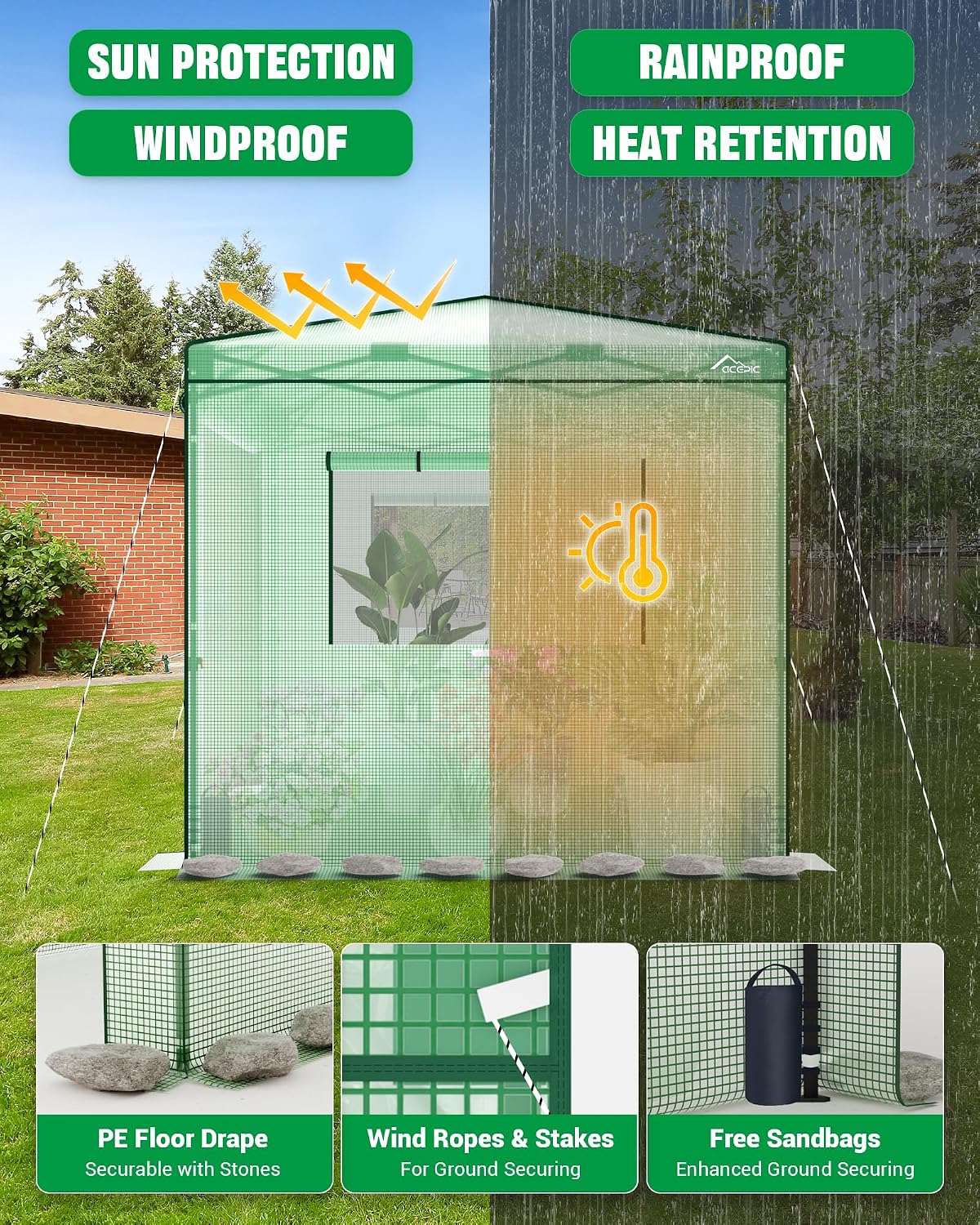 acepic 8x6 instant pop up greenhouses green/clear showing dimensions