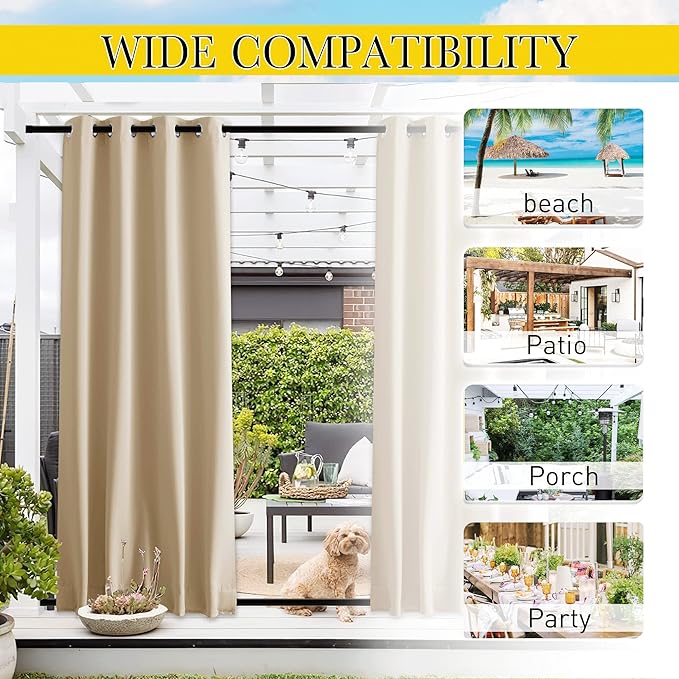 NICETOWN 2 Panels Outdoor Curtains for Patio Waterproof & Windproof, Thermal Insulated Top & Bottom Grommet & Back Tab Light Block Outdoor Drapes with Bouns Rope for Fixed, Biscotti Beige, W46 x L90