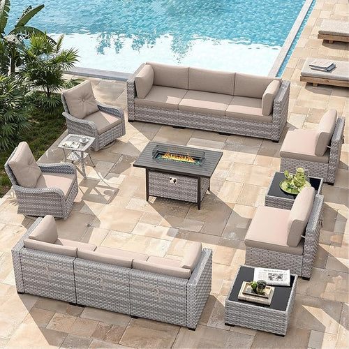 10-Seat Outdoor Wicker Patio Furniture Set with Fire Pit Table, Modular Rattan Sectional Sofa & 2 Swivel Rocking Chairs, 4" Thick Cushions, Rust-Resistant Frame,Beige