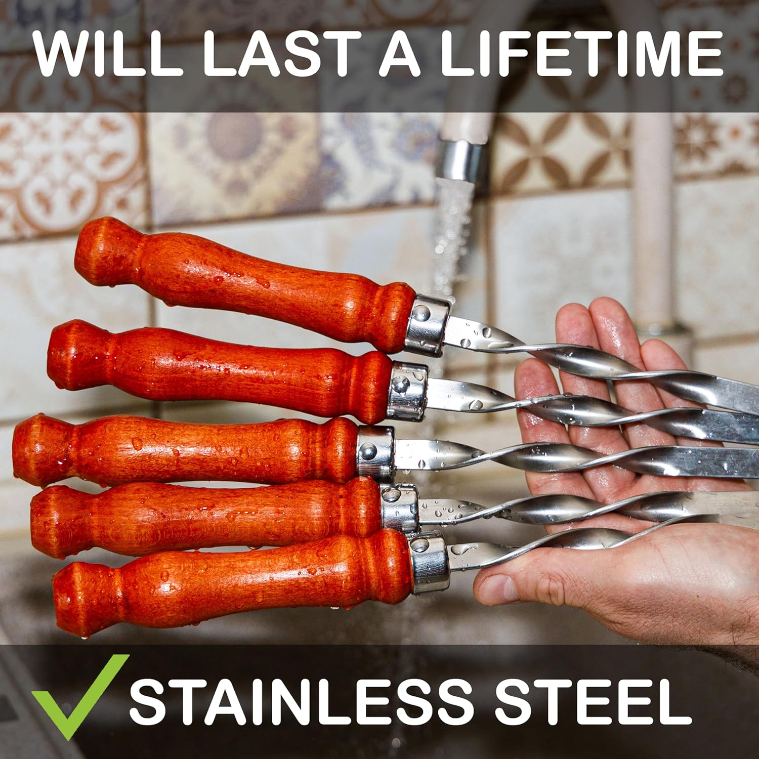 Premium BBQ Skewers with Wooden Handles 22" Shish Kabob Skewers Stainless Steel Long & Reusable Kabob Sticks Barbecue Skewers for Grilling Set of 10 Piece
