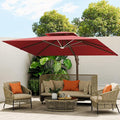 10 X 13 FT Cantilever Outdoor Patio Umbrella with Base Included with Led Lights Large 360° Rotation Double Top Offset Heavy Duty Rectangular Umbrellas for Backyard Outside Deck, Wine Red