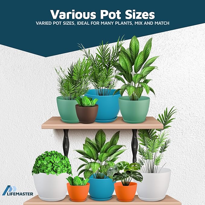 Multicolor Plant Pots with Drainage Holes & Saucers 15 Pack, Indoor & Outdoor Stackable Space-Saving Planters for Houseplants & Flowers, (7", 6.7", 6", 5.3", and 4.8" Inches), Durable & Weatherproof