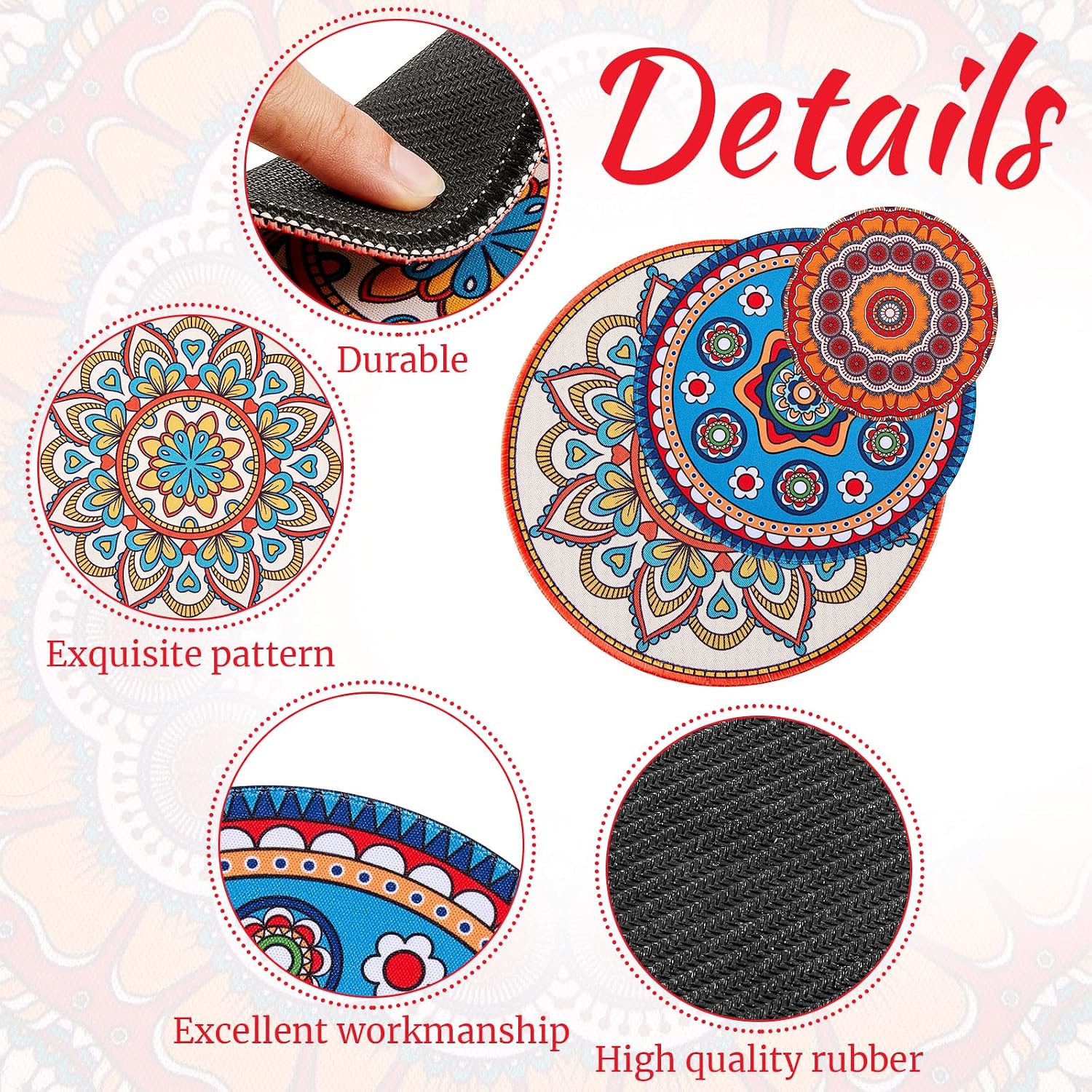 Nuanchu 6 Pcs Boho Plant Coasters 3 Size 3.94" 5.9" 7.87" Rubber Absorbent Non Slip Pot Mats Indoor Round Plant Decorative Pads Gardening Outdoor Patio Mandala Flower Protect Mat for Table Desk Floor