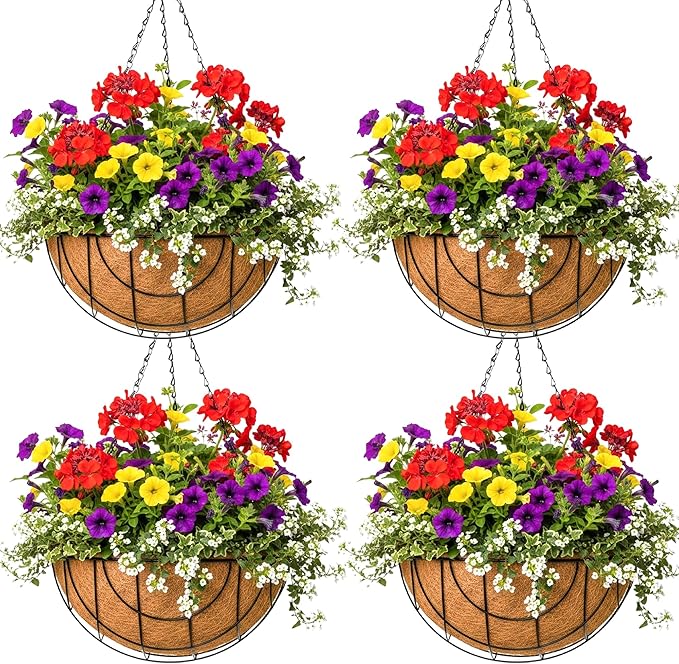 14 inch Metal Hanging Baskets For Plants Outdoor 4 Pack Round Metal Wire Hanging Basket Planter with Coco Fiber Liners Plant Holder for Garden, Patio, Deck, Porch Plants Flower Potss Outdoor(Grid)