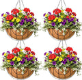 12 inch Metal Hanging Baskets for Plants Outdoor 4 Pack Round Metal Wire Hanging Basket Planter with Coco Fiber Liners Chain Round Wire Plant Holder for Garden, Patio, Deck, Outdoor(Grid)