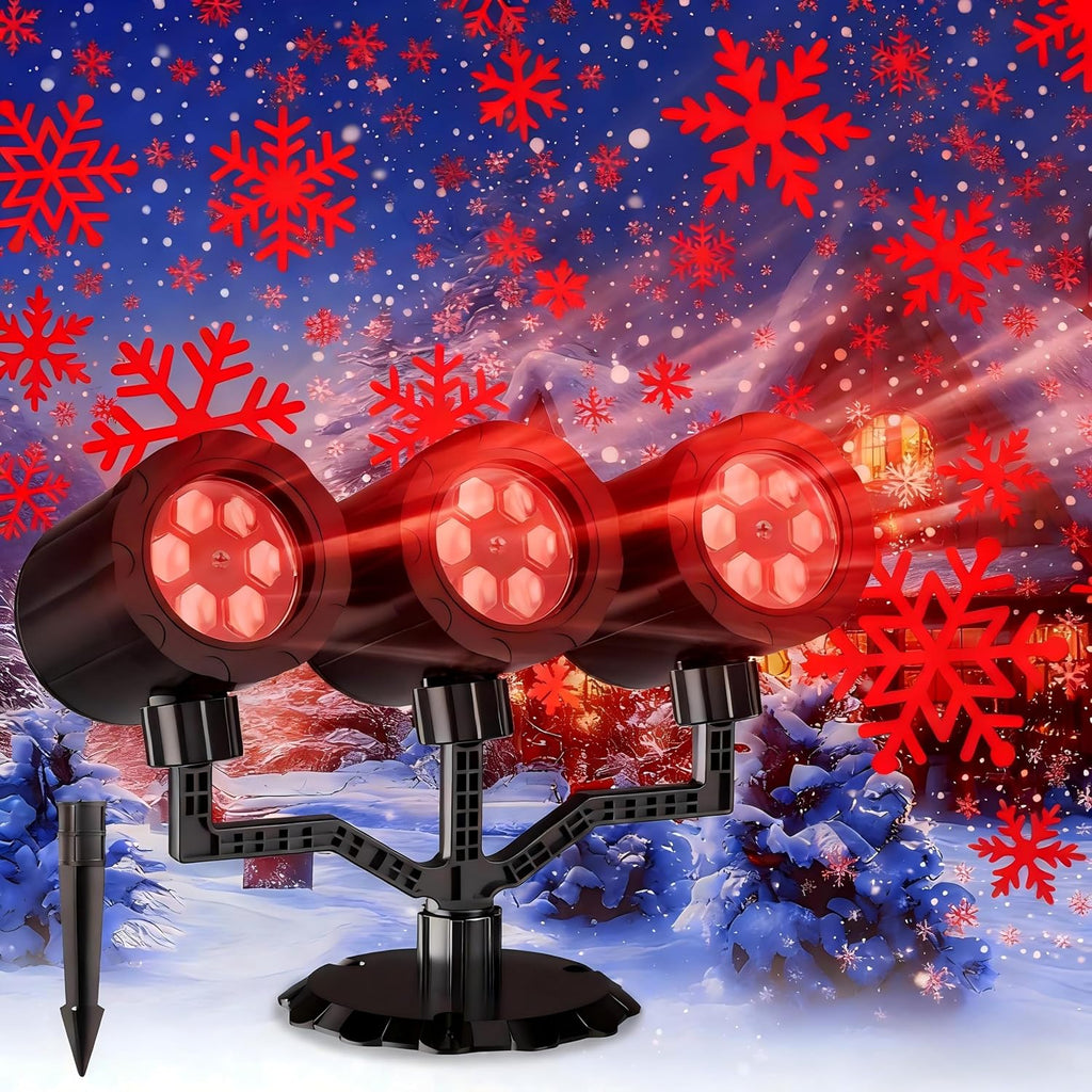 Three Head Christmas Snowflake Projector Lights, Vermilion, A | IP65 Waterproof, 360° Rotatable, 9 Snowflake Patterns, LED Projection for Indoor Outdoor Xmas Decor