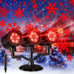 Three Head Christmas Snowflake Projector Lights, Vermilion, A | IP65 Waterproof, 360° Rotatable, 9 Snowflake Patterns, LED Projection for Indoor Outdoor Xmas Decor