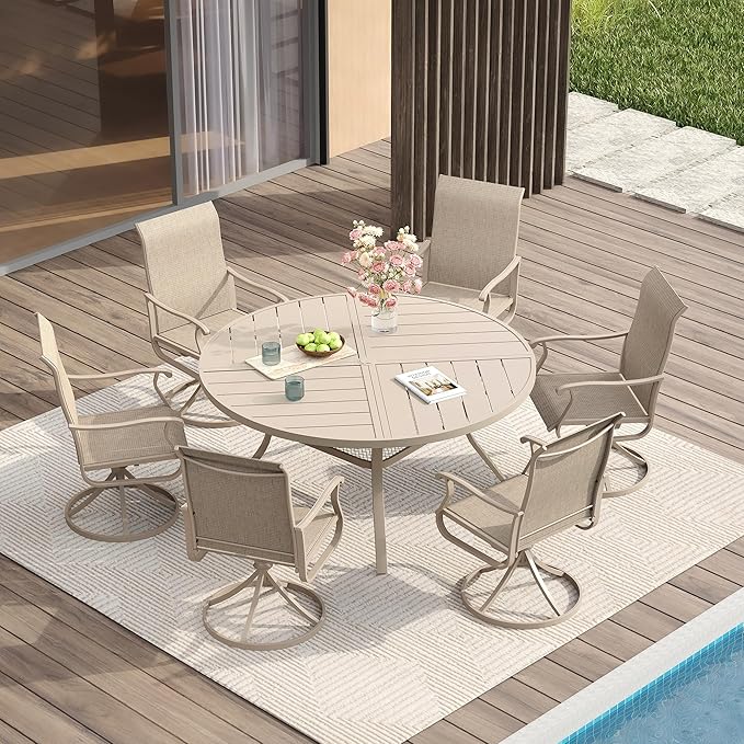 VICLLAX Round Patio Table with Adjustable Umbrella Hole for 6, All Weather Metal Outdoor Dining Table for Lawn Garden, 47.2" Outdoor Coffee Table, Cream Color Frame