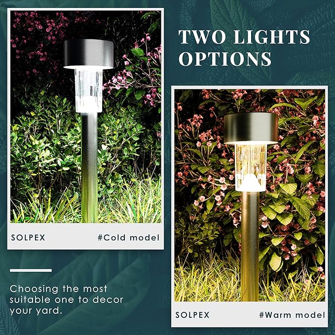 SOLPEX 24 Pack Solar Outdoor Lights Pathway, Stainless Steel Solar Lights Outdoor Waterproof,LED Landscape Lighting Walkway for Landscape/Patio/Lawn/Yard/Driveway-Cold White