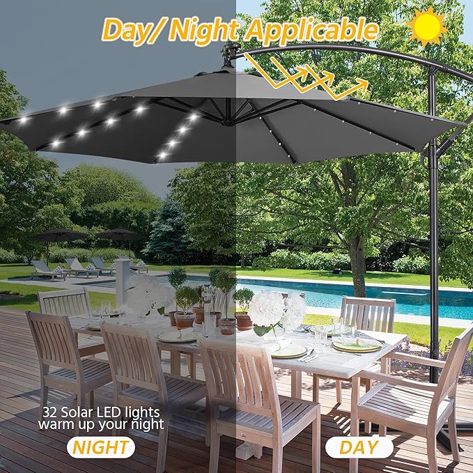 Yaheetech 10FT Solar Offset Umbrella with 32 LED Lights Cantilever Hanging Outdoor Umbrellas Handy Crank & Cross Base for Lawn/Deck/Backyard/Pool Gray