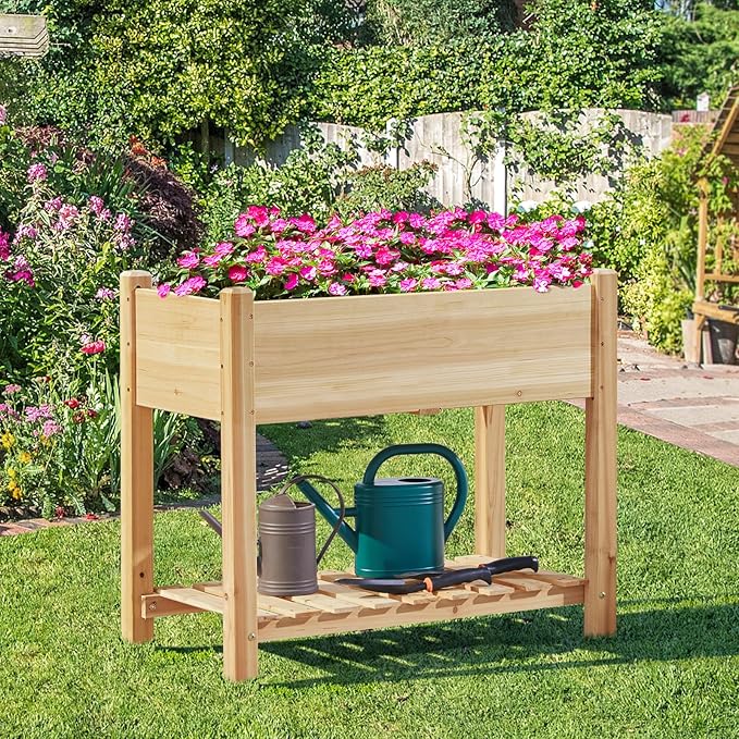 Yaheetech 34x18x30in Horticulture Raised Garden Bed 2pcs Planter Box with Legs & Storage Shelf Wooden Elevated Vegetable Growing Bed for Flowers, Backyard, Patio, Balcony, Light Brown