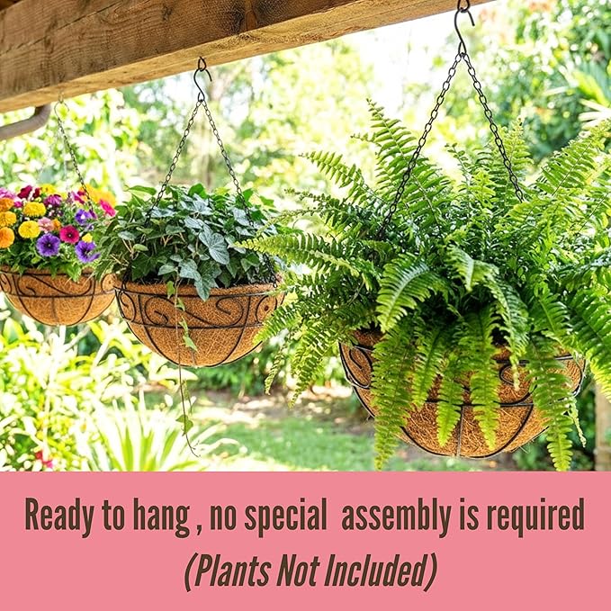 LaLaGreen Hanging Baskets for Plant Outdoor (18 Inch, 4 Pack) Large Black Metal Wire Hanging Planter with Coco Liner Round Flower Pot Hook Holder Hanger Deck Porch Country Modern Garden Balcony Decor