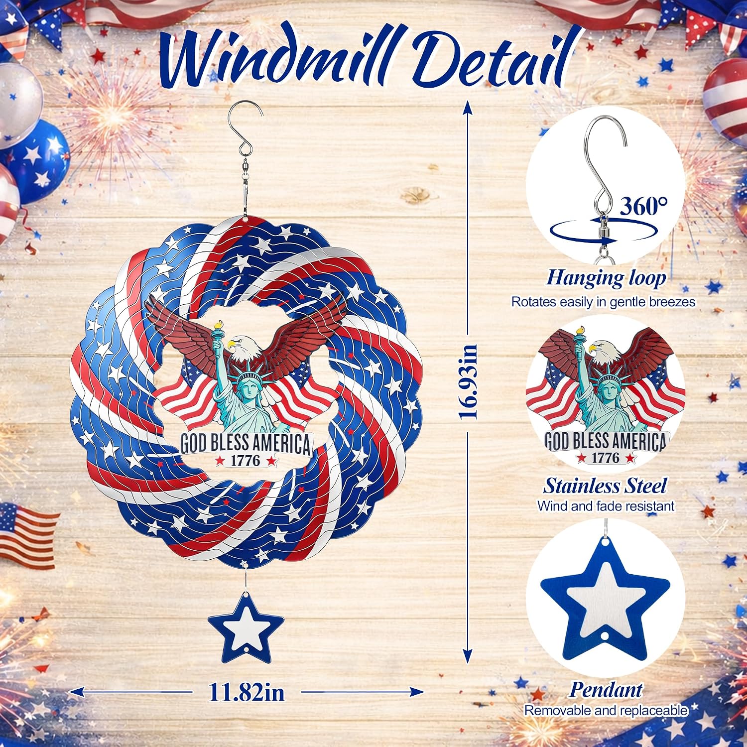 250th USA Anniversary 12 Inch Wind Spinner Patriotic Decoration | Patriotic Outdoor Garden Decor with Statue of Liberty Design, Stainless Steel Yard Art for Outdoor & Indoor, Gift for Men