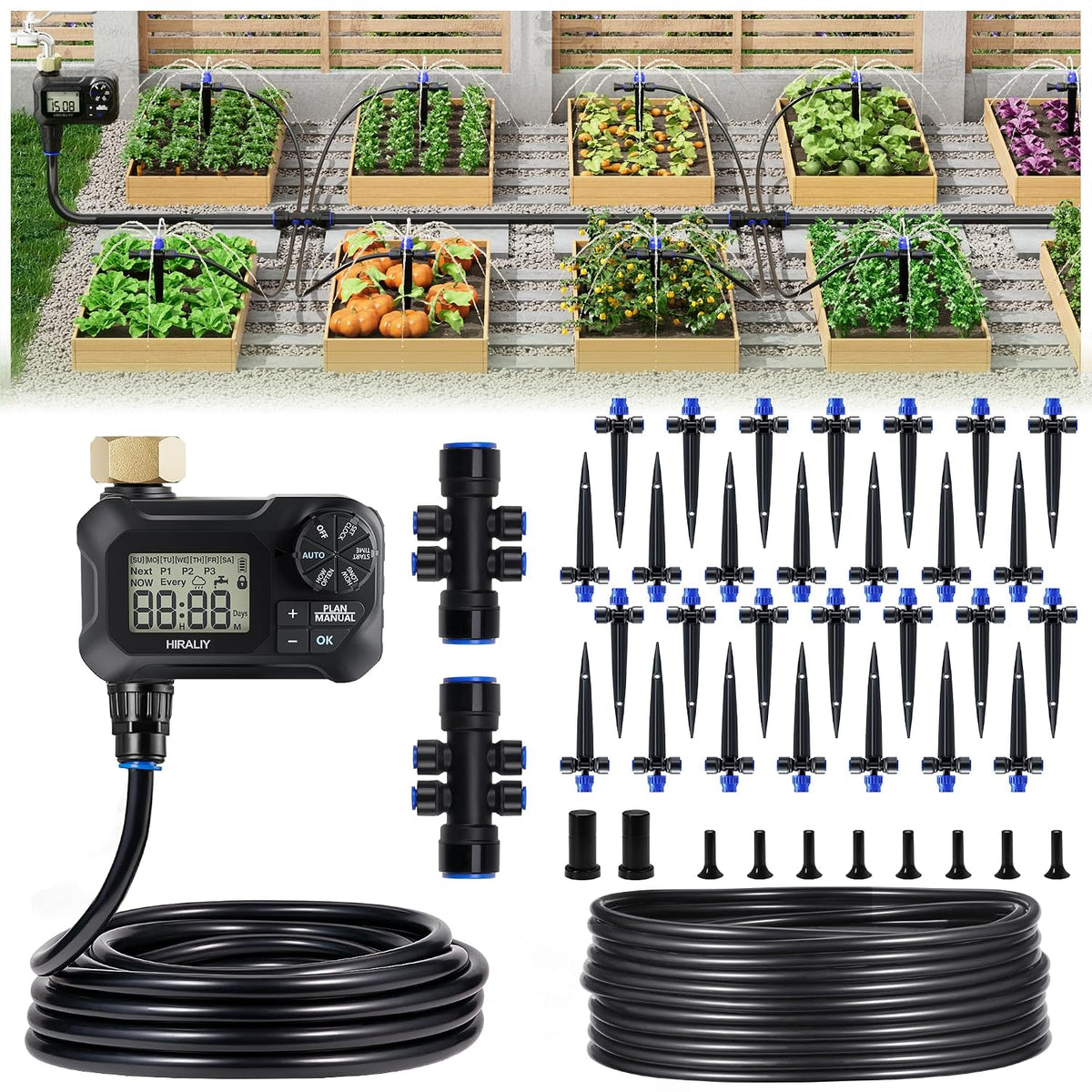 hiraliy 100ft automatic drip irrigation kit with timer, main product view